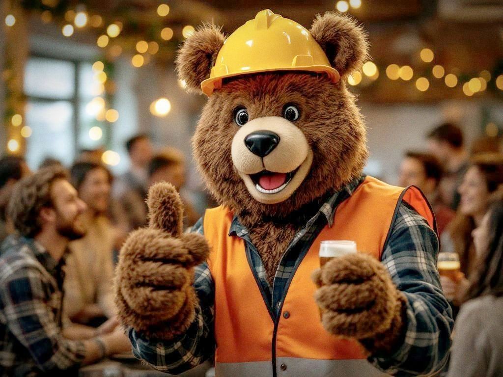 Bear in hard hat and safety vest at a construction company holiday party, giving thumbs up