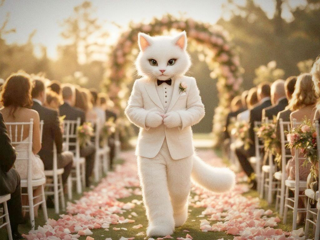 Elegant white cat in a tuxedo serving as ring bearer at an outdoor wedding ceremony
