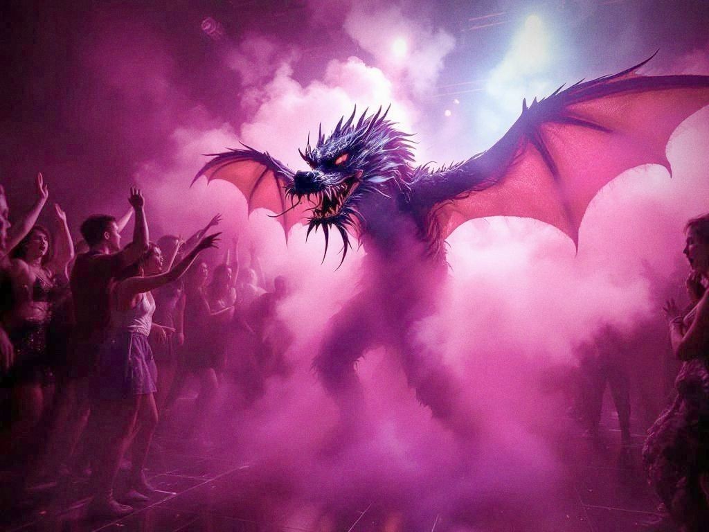 Dragon emerging from fog machine at a sweet sixteen party