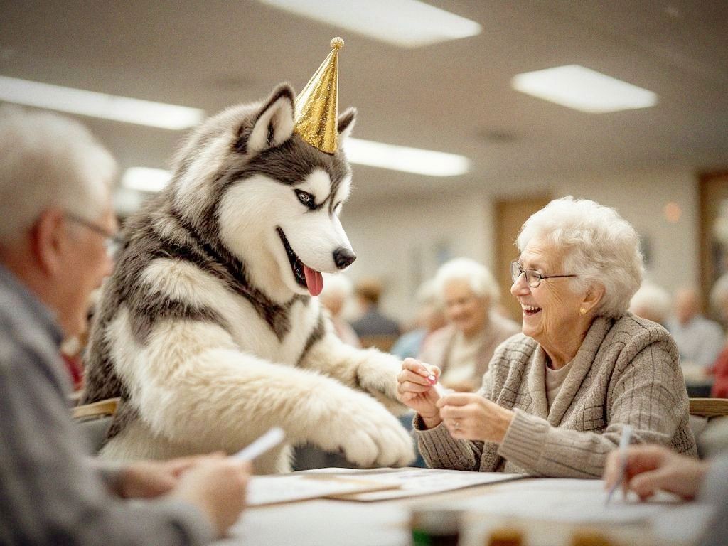 Husky in a party hat surrounded by seniors at a retirement community bingo night
