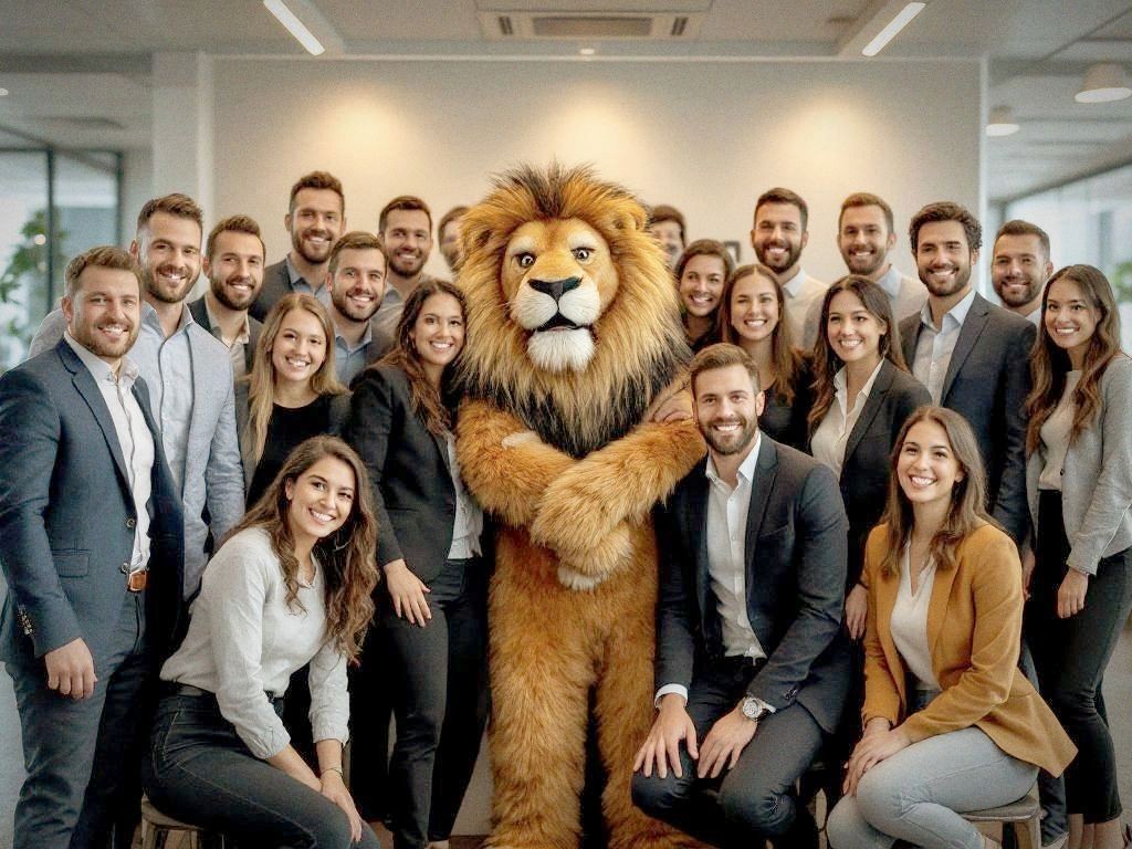 Entire sales team posing with arms around a lion in the company lobby