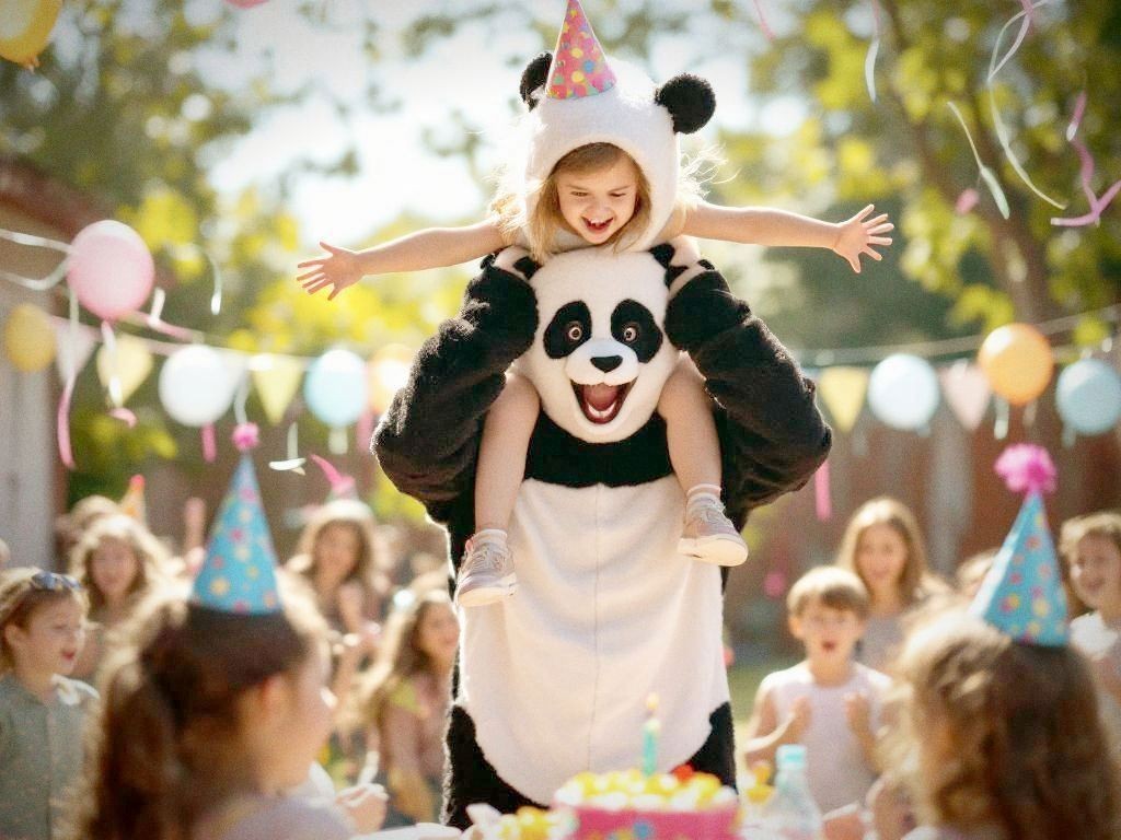 Enthusiastic panda presenting a birthday cake to a delighted 8-year-old
