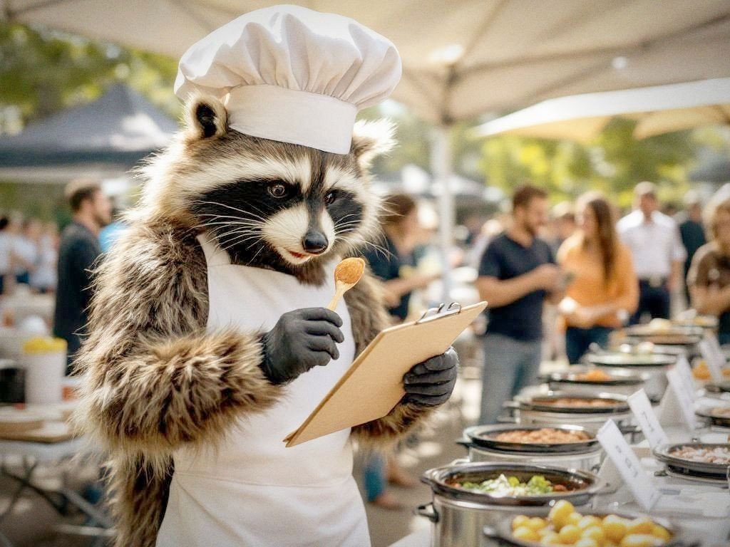 Raccoon in a chef's hat judging a corporate chili cook-off with a clipboard