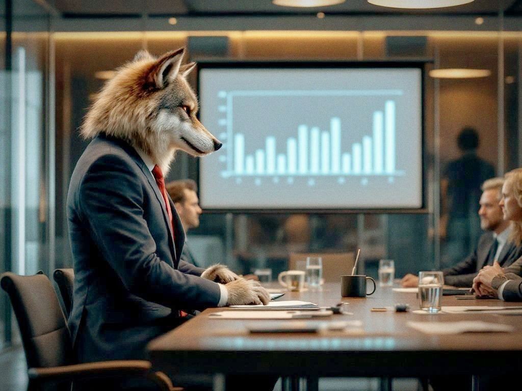 Wolf in a power tie presenting quarterly earnings to stunned executives