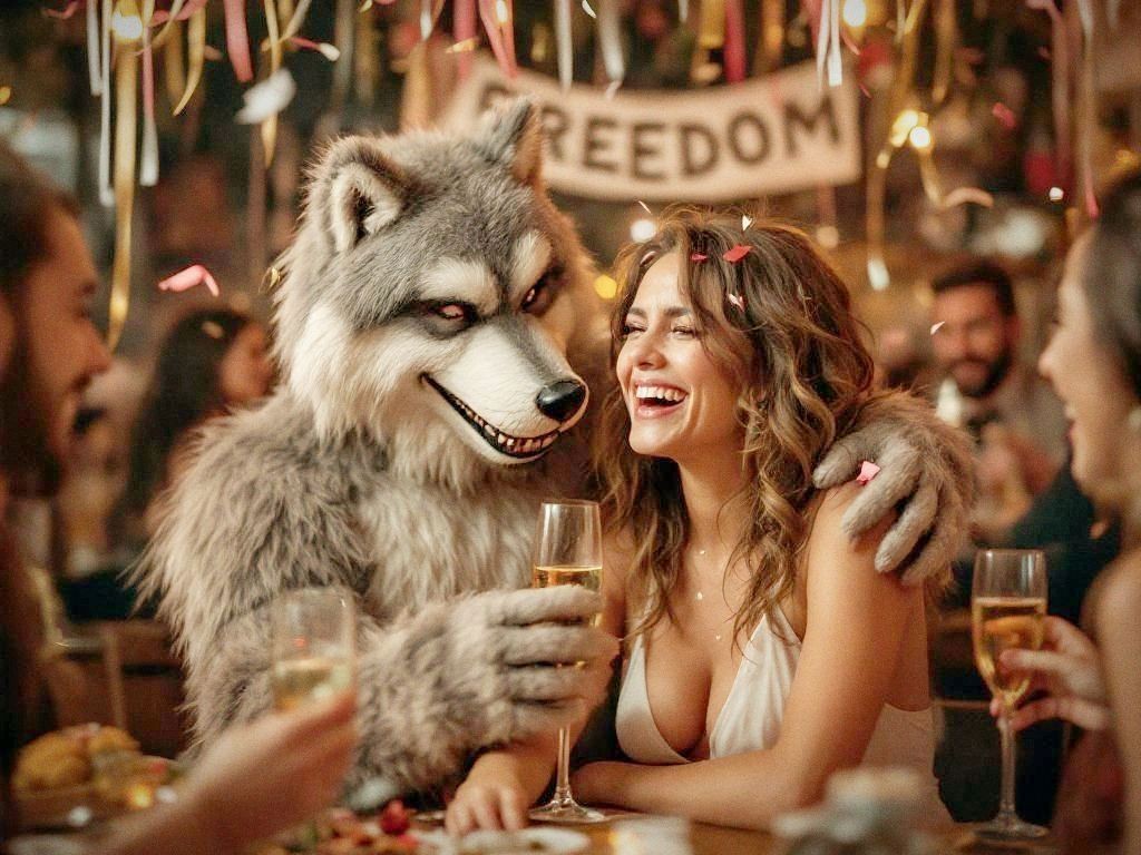 Wild-eyed wolf holding two champagne bottles on a party bus