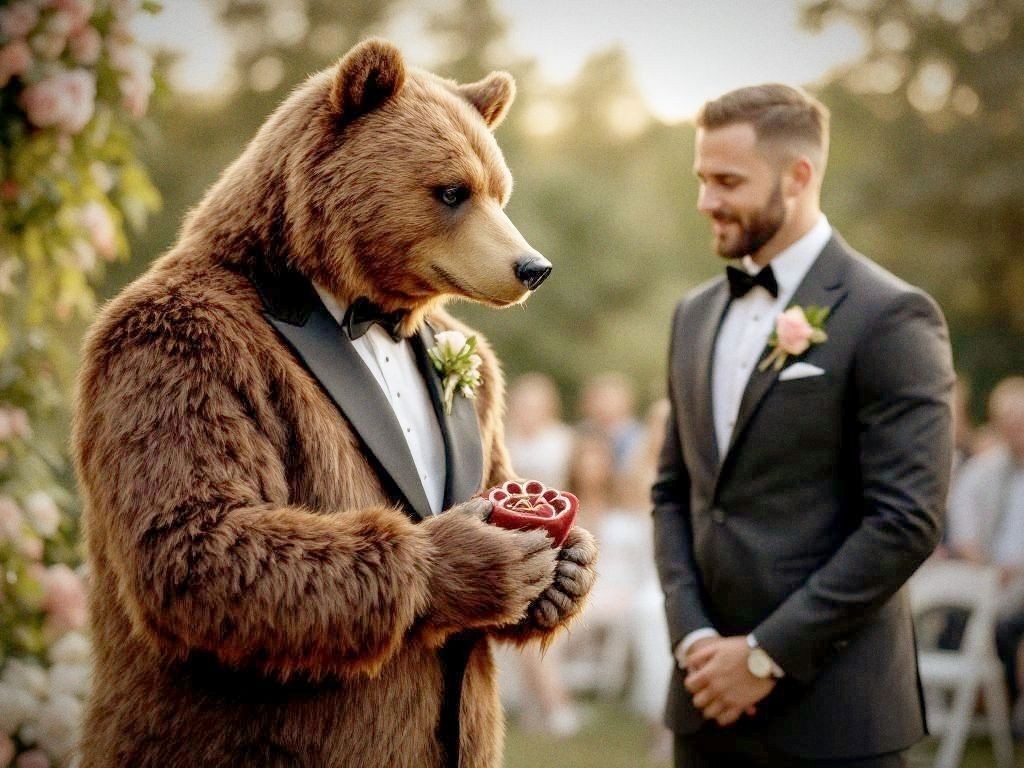 Bear in a tuxedo serving as Best Man, holding the rings on a paw-shaped pillow