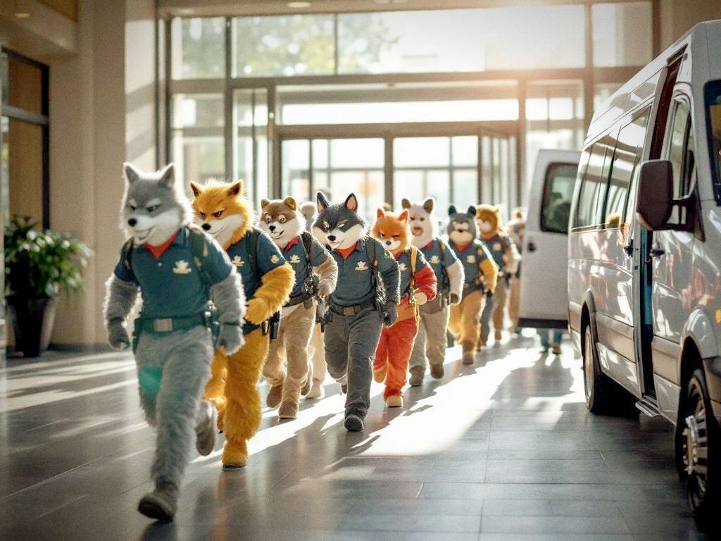 Fleet of 12 assorted furries deploying from a shuttle van at a convention center
